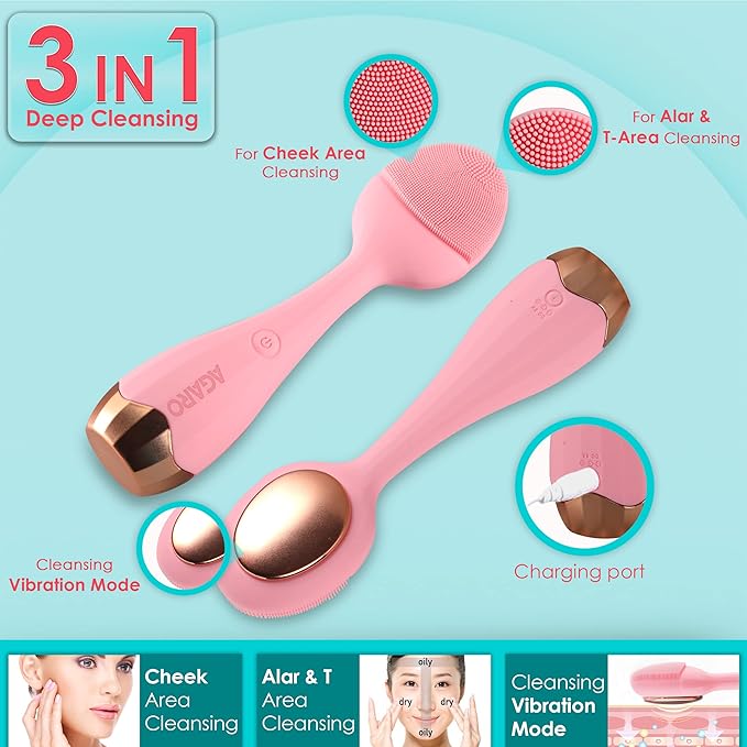 AGARO CM2109 Sonic Facial Cleansing Massager, Smart Facial Cleansing Device with Silicone Brush & Anti-Aging Massager - Waterproof – Sonic Glow Vibration Technology - Lift, Firm, and Tone Skin on Face and Body (Pink)