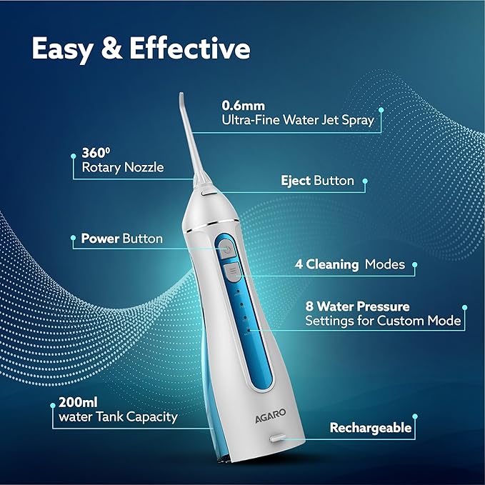 AGARO Oral Irrigator, Portable, Cordless & Rechargeable, 4 Cleaning Modes, IPX7 Waterproof with 200ml Water Tank, Flossing at Home & Travel, Oral Flosser, Dental Flosser for teeth