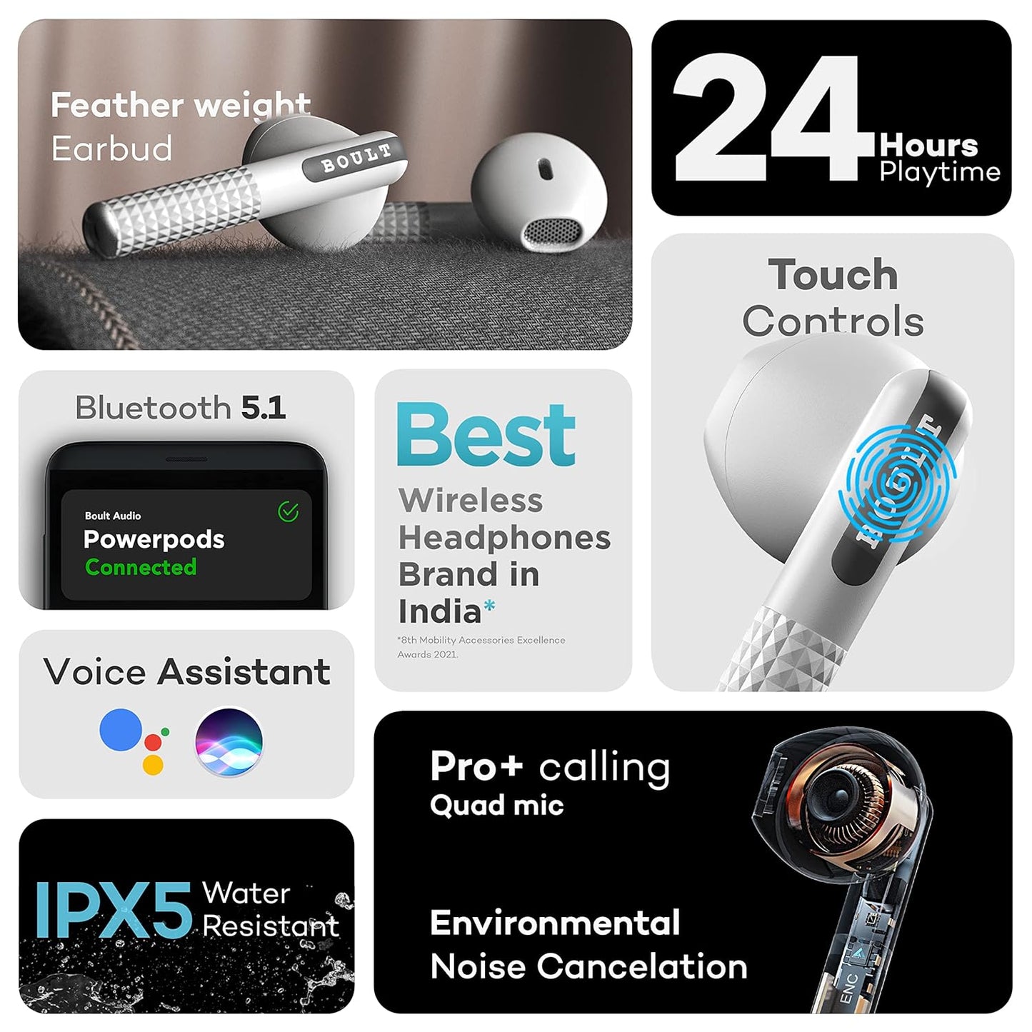 Boult Audio Newly Launched Airbass Powerpods Tws Featherweight Bluetooth Truly Wireless In Ear Earbuds With Mic, 20H Playtime With Zen Technology Enc, Fast Charging Type-C Ipx5 Water Resistant
