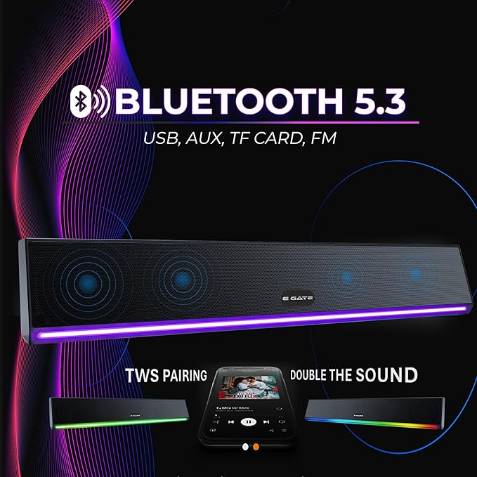 E GATE C222 | 24W Soundbar Bluetooth Speaker, Dual Drivers + Dual Passive Radiators for 2X Bass, Ambient RGB Light, Upto 24 Hrs* Backup Call Function, TWS, AUX, USB, mSD and FM - eGate Sound bar