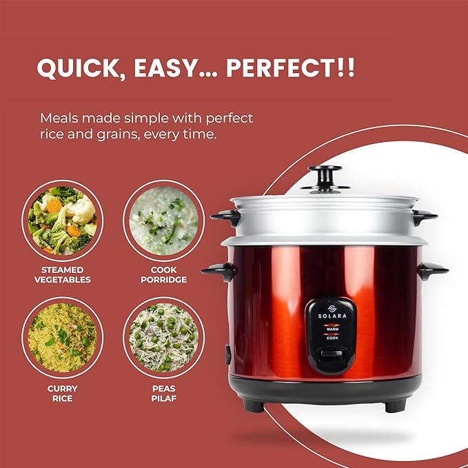 SOLARA Automatic Rice Cooker, Automatic Electric Cooker with Food Steamer, Electric Rice Cooker and Grain Cooker, 400 Watts, RiceCooker 1 litre with Steam & Rinse Basket, Red
