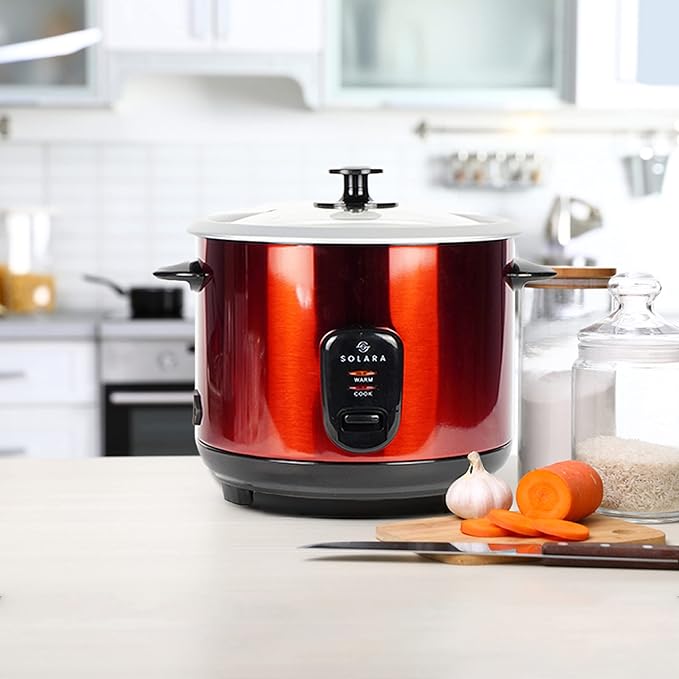 SOLARA Automatic Rice Cooker, Automatic Electric Cooker with Food Steamer, Electric Rice Cooker and Grain Cooker, 400 Watts, RiceCooker 1 litre with Steam & Rinse Basket, Red