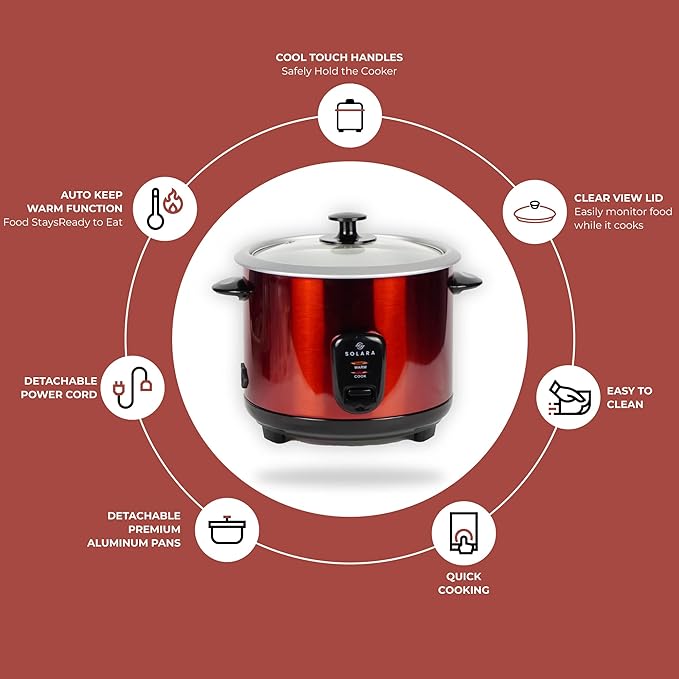 SOLARA Automatic Rice Cooker, Automatic Electric Cooker with Food Steamer, Electric Rice Cooker and Grain Cooker, 400 Watts, RiceCooker 1 litre with Steam & Rinse Basket, Red