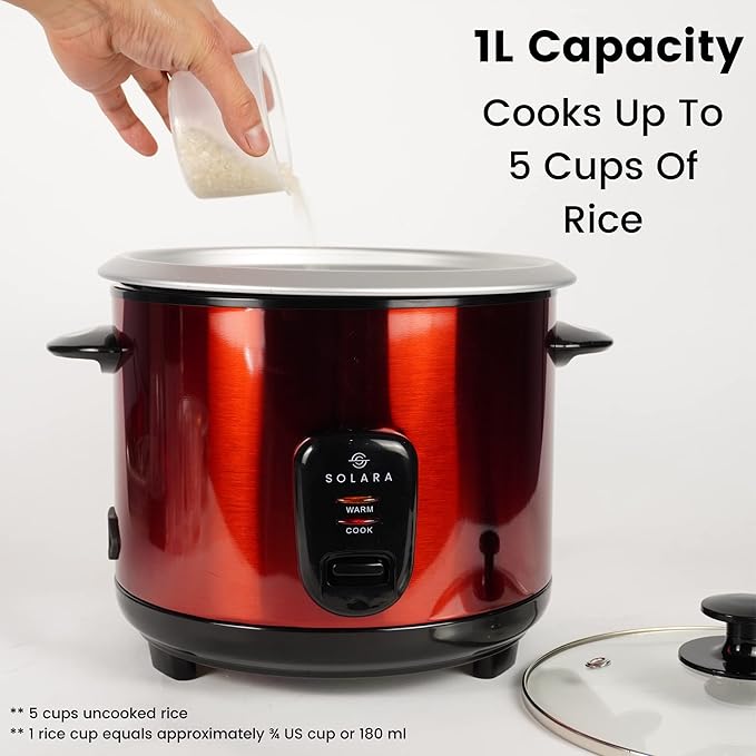 SOLARA Automatic Rice Cooker, Automatic Electric Cooker with Food Steamer, Electric Rice Cooker and Grain Cooker, 400 Watts, RiceCooker 1 litre with Steam & Rinse Basket, Red