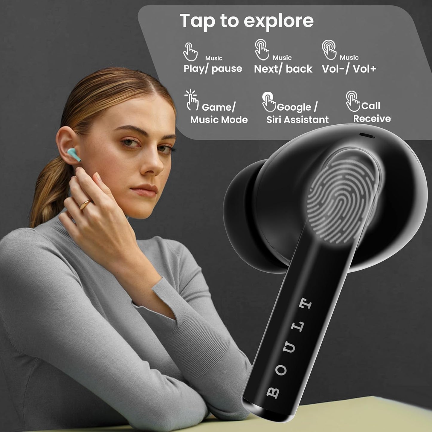 Boult Audio K35 Truly Wireless in Ear Earbuds with 35H Playtime, Zen™ ENC Mic, 45ms Low Latency, 13mm Bass Drivers, Type-C Fast Charging, Made in India, Touch Control, IPX5 Ear Buds TWS (Black)