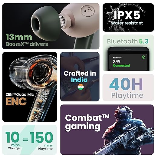 Boult Audio X45 Truly Wireless in Ear Earbuds with 40H Playtime, 45ms Low Latency Gaming, 4 Clear Calling ENC Mic, 13mm Drivers, Type C Fast Charging, Bluetooth 5.3 Ear Buds TWS, IPX5 Earpods (Black)