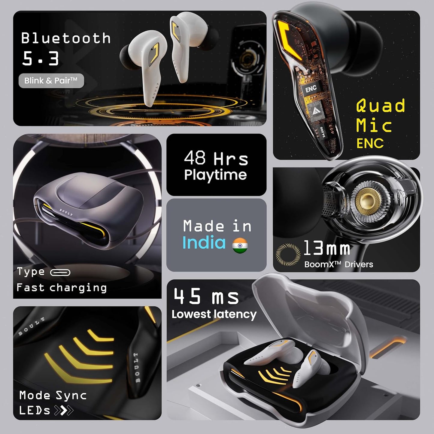 Boult Newly Launched Audio Astra True Wireless in Ear Earbuds with 48H Playtime, 4 Mics ENC, 45ms Low Latency Gaming, Breathing LEDs, Made in India, 13mm Drivers Bluetooth Ear Buds TWS (White Opal)