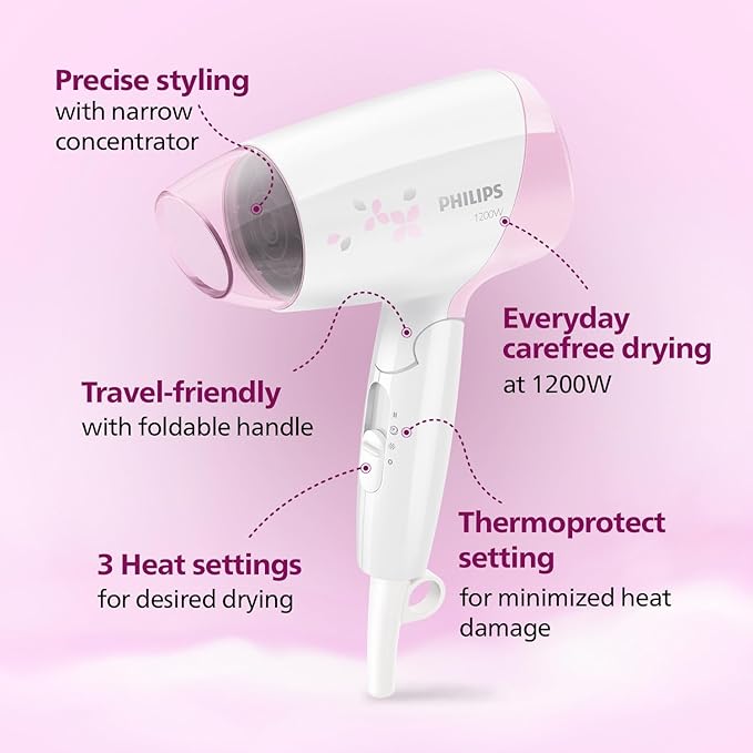 Philips Hair Dryer | Quick Gentle Drying with Thermoprotect Care | 1200 Watts | 3 Heat and Speed Settings with Cool Shots | HP8120/00, Pink