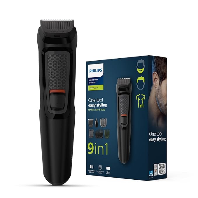 Philips Multi Grooming Kit MG3710/65, 9-in-1 (New Model), Face, Head and Body - All-in-one Trimmer for Men Self Sharpening Stainless Steel Blades, No Oil Needed, 60 Mins Run Time