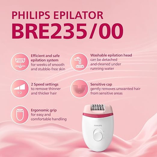 Philips BRE235/00 Corded Compact Epilator (White and Pink) for gentle hair removal at home