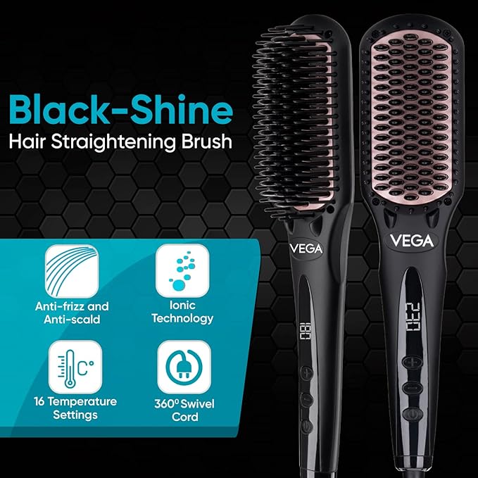 Vega Black Shine Hair Straightener Brush for Women with Ionic & Thermoprotect Technology and 16 Temperature Settings, Protection of Scalp from Heat Damage, Hair Straightening Brush, (VHSB-04)