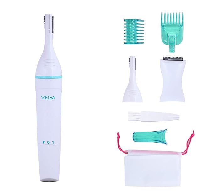 Vega Silk Touch Trimmer with Bikini Head, 2 sided Trimming Head with 2 Comb Attachement Battery Operated for Eyebrow, Underarms & Bikini Trimmer for Women, (VHBT-01)