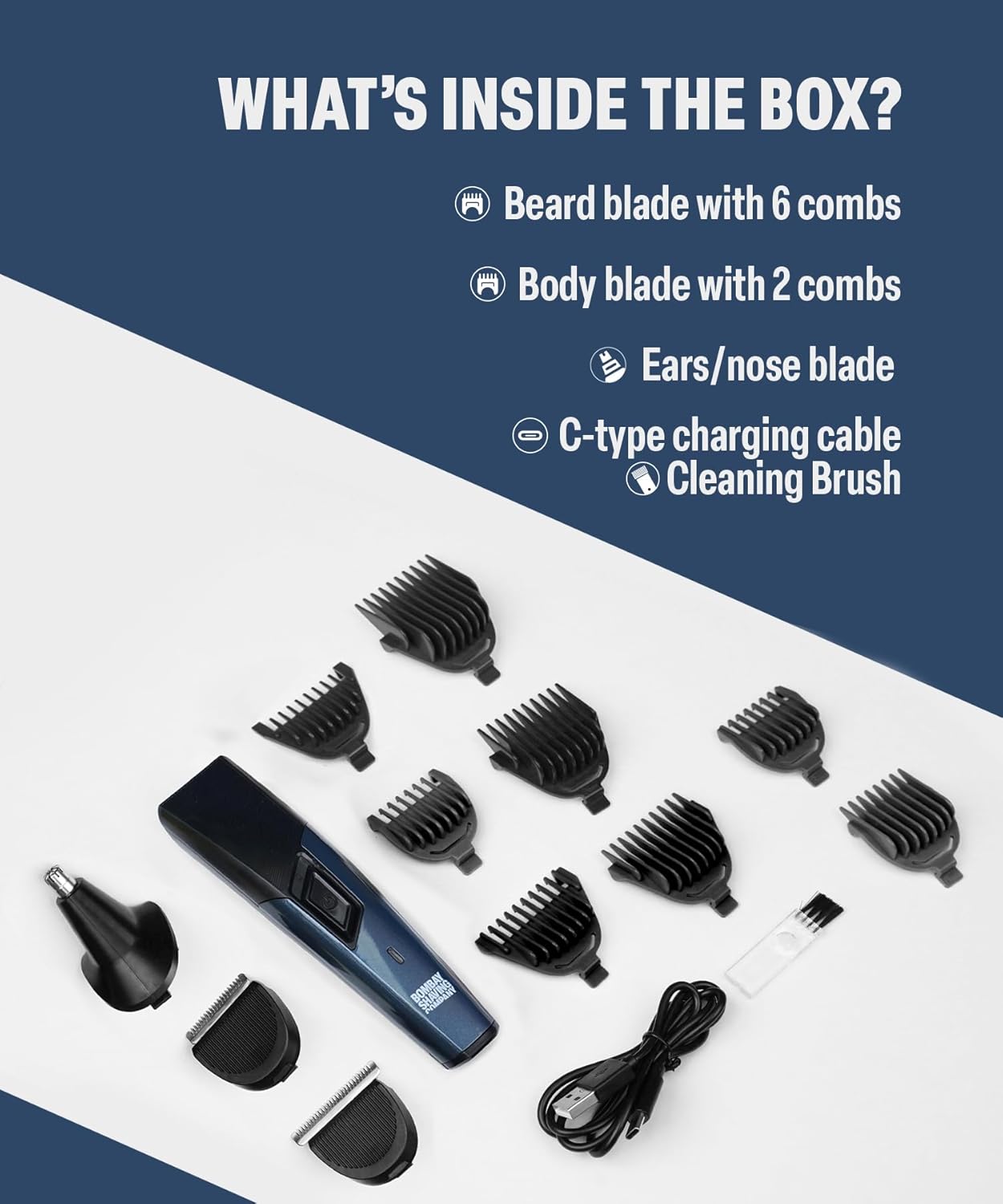 Bombay Shaving Company 11 in 1 Trimmer Men | All in One Full Body Trimmer for Men | 90 Min Charge time | 90 mins run time | Hair, Ear, Beard, Body, Nose Trimmer for Men | Type C charging | Power Groomer (New Model)