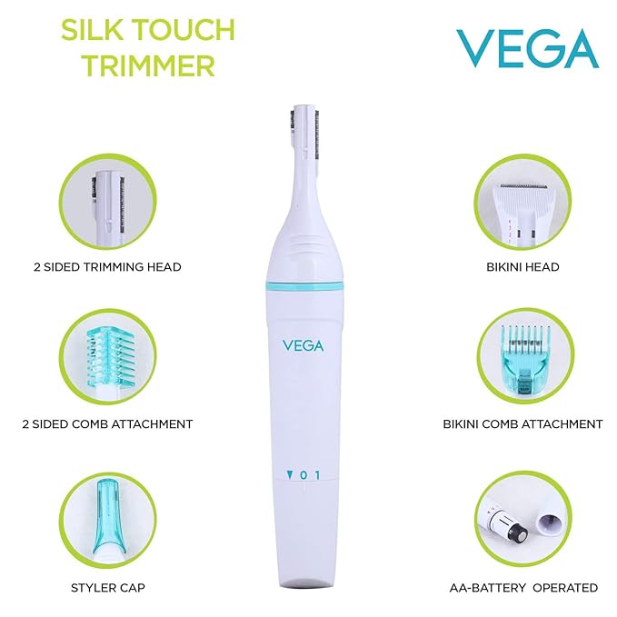 Vega Silk Touch Trimmer with Bikini Head, 2 sided Trimming Head with 2 Comb Attachement Battery Operated for Eyebrow, Underarms & Bikini Trimmer for Women, (VHBT-01)