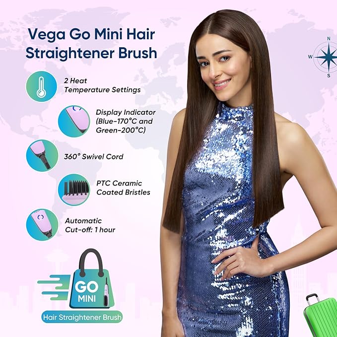 Vega Mini Hair Straightener Brush for Women with Thermoprotect Technology, Ceramic Coated Bristles & 2 Heat Settings, Automatic Cut-Off, 2 Temperature Settings, (Go Mini Series, VHSB-05), Purple