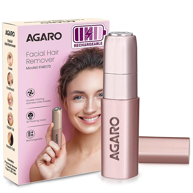 AGARO Facial Hair Remover Fhr170 For Women,Cordless&Painless Electric Shaver With Hypoallergenic Blade,Rechargeable,Multipurpose& Safe Use For Upper Lip,Chin,Cheeks&Forehead,Ideal For On-The-Go