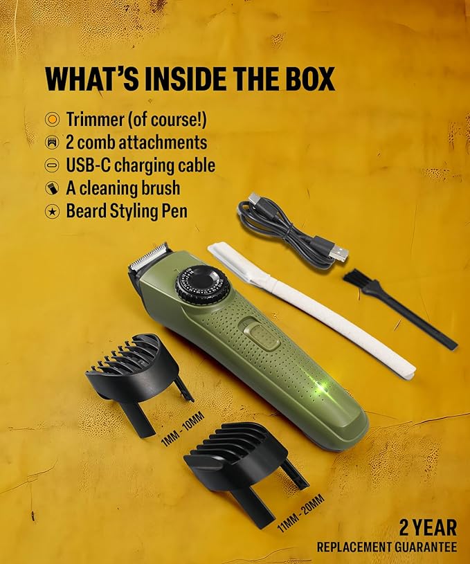 BOMBAY SHAVING COMPANY Flash Charging Men Beard Trimmer with Styling Pen Trimmer 120 min Runtime 38 Length Settings (Green)