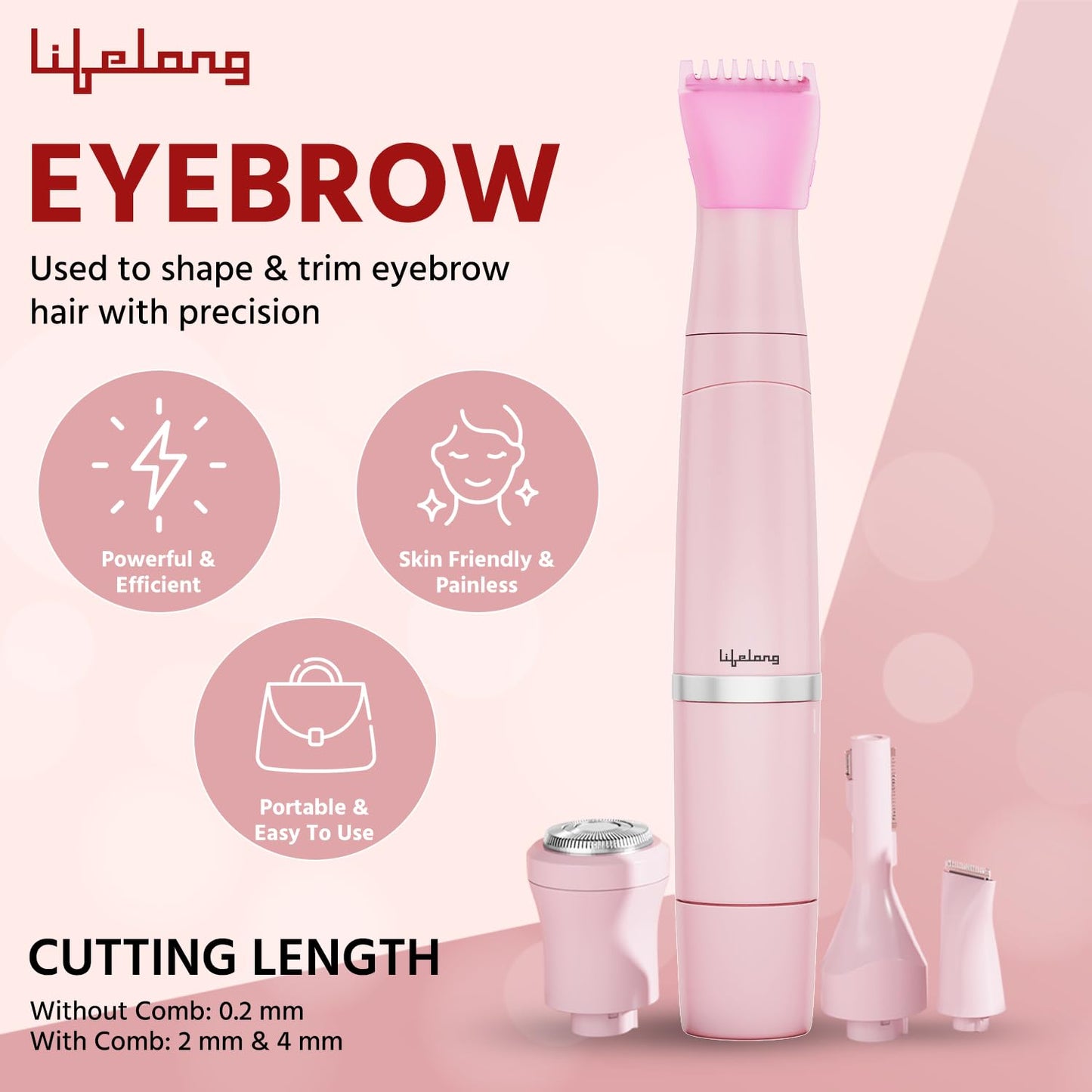 Lifelong Rechargeable Body Hair Trimmer for Women | 1 Year Warranty | 4 in 1 Women Full Body Trimmer for Bikini, Face, Full Body, Nose, Ear, Eyebrow, Underarms Trimmer | 60 Minutes Runtime | Hair Removal Machine for Women (Pink)