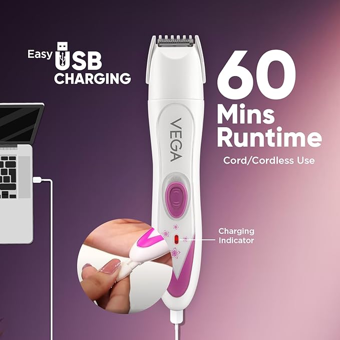 Vega Feather Touch 4-in-1 Trimmer for Women with Rechargeable Cordless, 60min Runtime, Suitable for trimming Eyebrows, Nose, Face & Bikini Area (VHBT-03) White