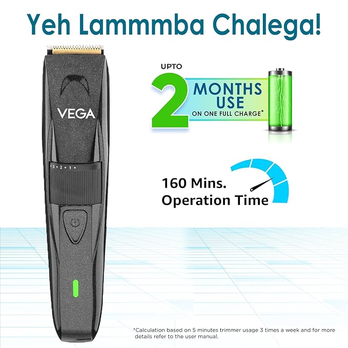Vega P2 Beard Trimmer for Men with 160 Mins Runtime, Titanium Blades & 40 Length Settings, Battery Powered, Cord and Cordless Use, 2 Comb Attachment, (Power Series P2, VHTH-26)