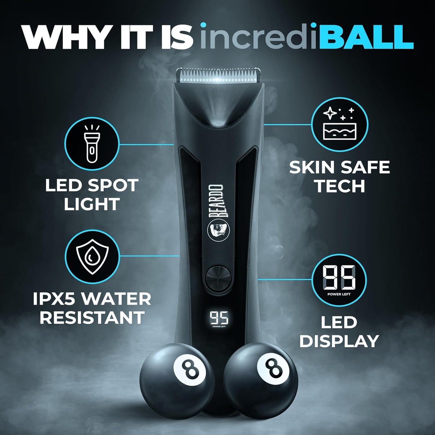 Beardo incrediBALL Trimmer for Men | Ball Trimmer for Men with Skin Safe Tech | No Nicks with Ceramic Blades | Shower friendly IPX5 Water resistant | LED display, LED torch, Dock .