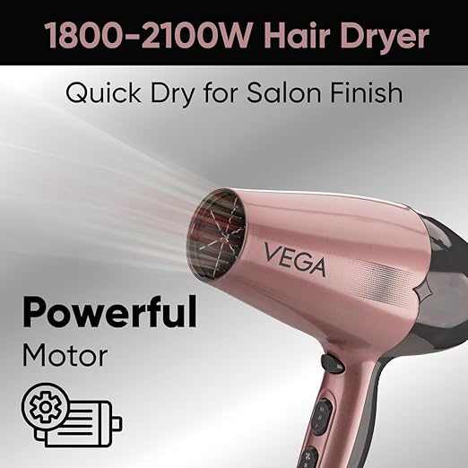 Vega Go Pro 2100 Watts Professional Hair Dryer with Detachable Nozzle, 2 Speed & 3 Temperature Settings with Cool Shot Button, Hair Dryer for Men & Women (VHDH-25), Rose Gold & Grey