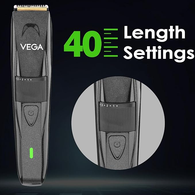 Vega P2 Beard Trimmer for Men with 160 Mins Runtime, Titanium Blades & 40 Length Settings, Battery Powered, Cord and Cordless Use, 2 Comb Attachment, (Power Series P2, VHTH-26)