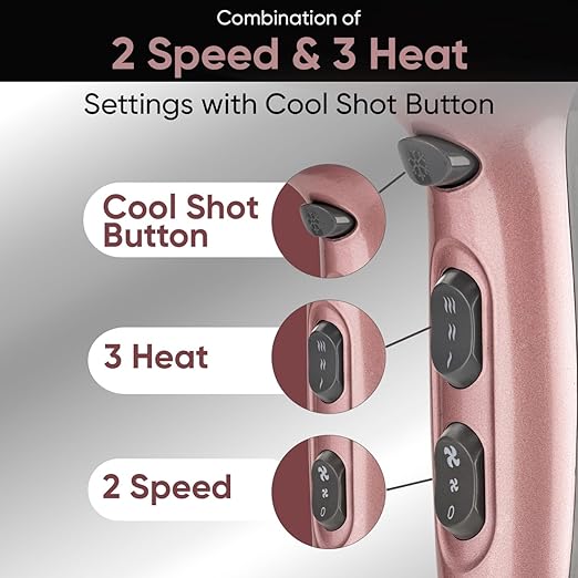 Vega Go Pro 2100 Watts Professional Hair Dryer with Detachable Nozzle, 2 Speed & 3 Temperature Settings with Cool Shot Button, Hair Dryer for Men & Women (VHDH-25), Rose Gold & Grey