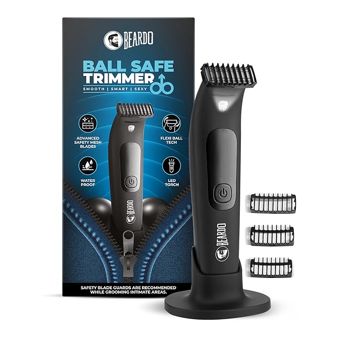 Beardo Ball Safe Trimmer for Men | Fast charging trimmer men for private parts, beard, body | IPX7 Waterproof Trimmer with Safe Flexible Blades | Body Grooming Kit - No Nicks or Cuts, Powerful Motor, Type C, Fast Charging, 110-Min Runtime