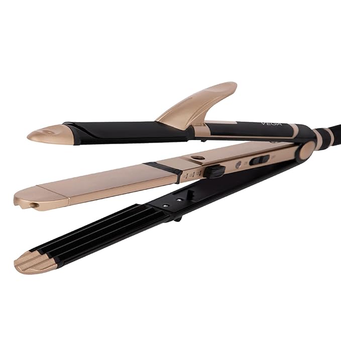 Vega 3 in 1 Hair Styler for Women, (India's No.1* Hair Styler Appliance Brand) Straightener, Curler and Crimper, Suitable for All Hair Types, Gold-Black (VHSCC-01)