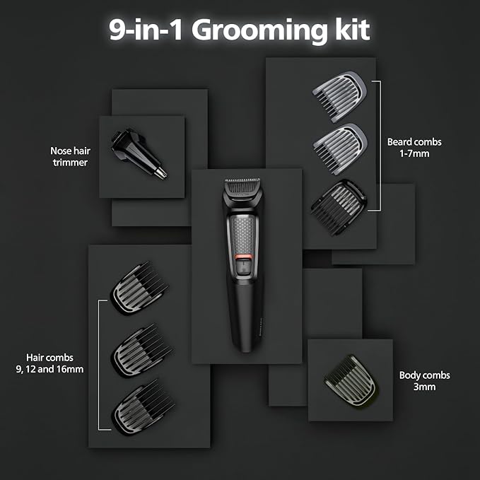 Philips Multi Grooming Kit MG3710/65, 9-in-1 (New Model), Face, Head and Body - All-in-one Trimmer for Men Self Sharpening Stainless Steel Blades, No Oil Needed, 60 Mins Run Time