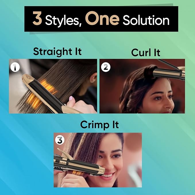 Vega 3 in 1 Hair Styler for Women, (India's No.1* Hair Styler Appliance Brand) Straightener, Curler and Crimper, Suitable for All Hair Types, Gold-Black (VHSCC-01)
