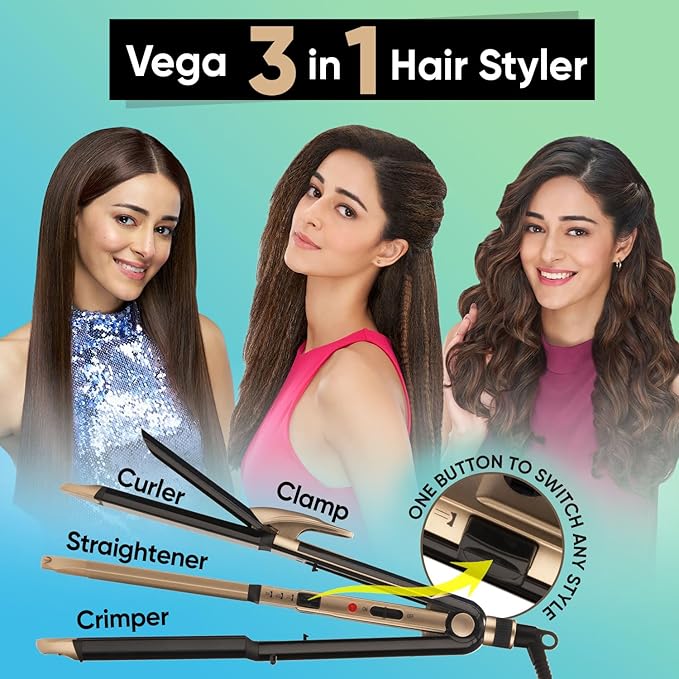 Vega 3 in 1 Hair Styler for Women, (India's No.1* Hair Styler Appliance Brand) Straightener, Curler and Crimper, Suitable for All Hair Types, Gold-Black (VHSCC-01)