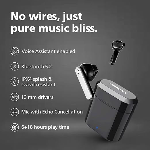 PHILIPS Audio TWS TAT3225/94 True Wireless Earbuds with 24 Hour Playtime (6+18), IPX4 Splash- and Sweat-Resistant, Bluetooth V5.2, Smart Pairing, 13 mm Drivers, Voice Assistant (Black)
