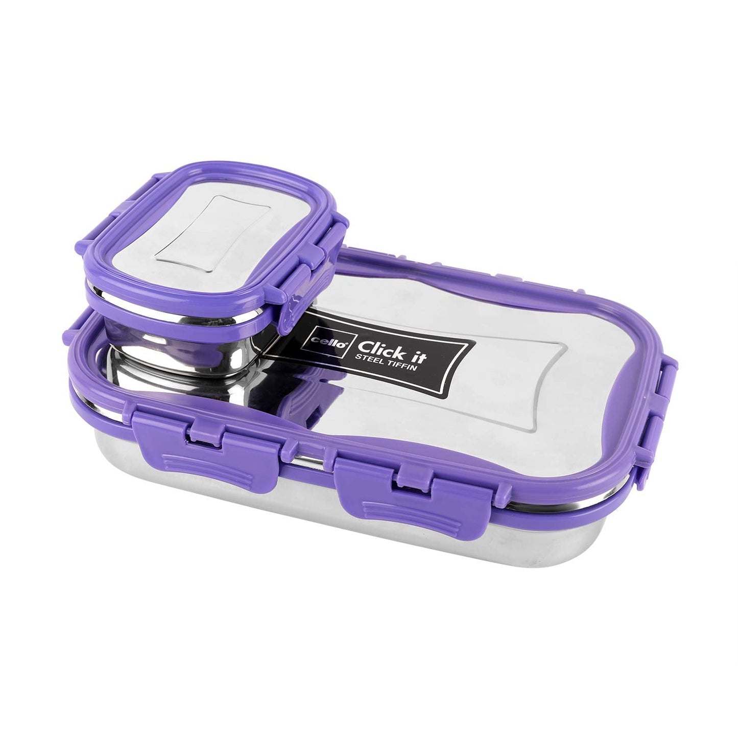 CELLO Click it Steel Insulated Lunch Box, Big, 1024ml, Violet | 2 Container Tiffin for Adults | Snacks Tiffin for Kids with Veg Box | Leak-Proof & Unbreakable Lid | Ideal for Office, School, College