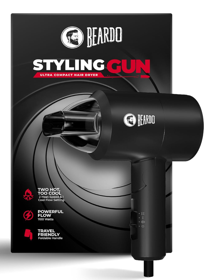 BEARDO Styling Gun Ultra Compact Hair Dryer | 1100 Watts Foldable Hair Dryer | 3 Heat 2 Speed Setting | Hair Dryer For Men | Travel Friendly | Stylish Matte Black Finish | Gift For Brother | Gift For Friends | Gift for Husband