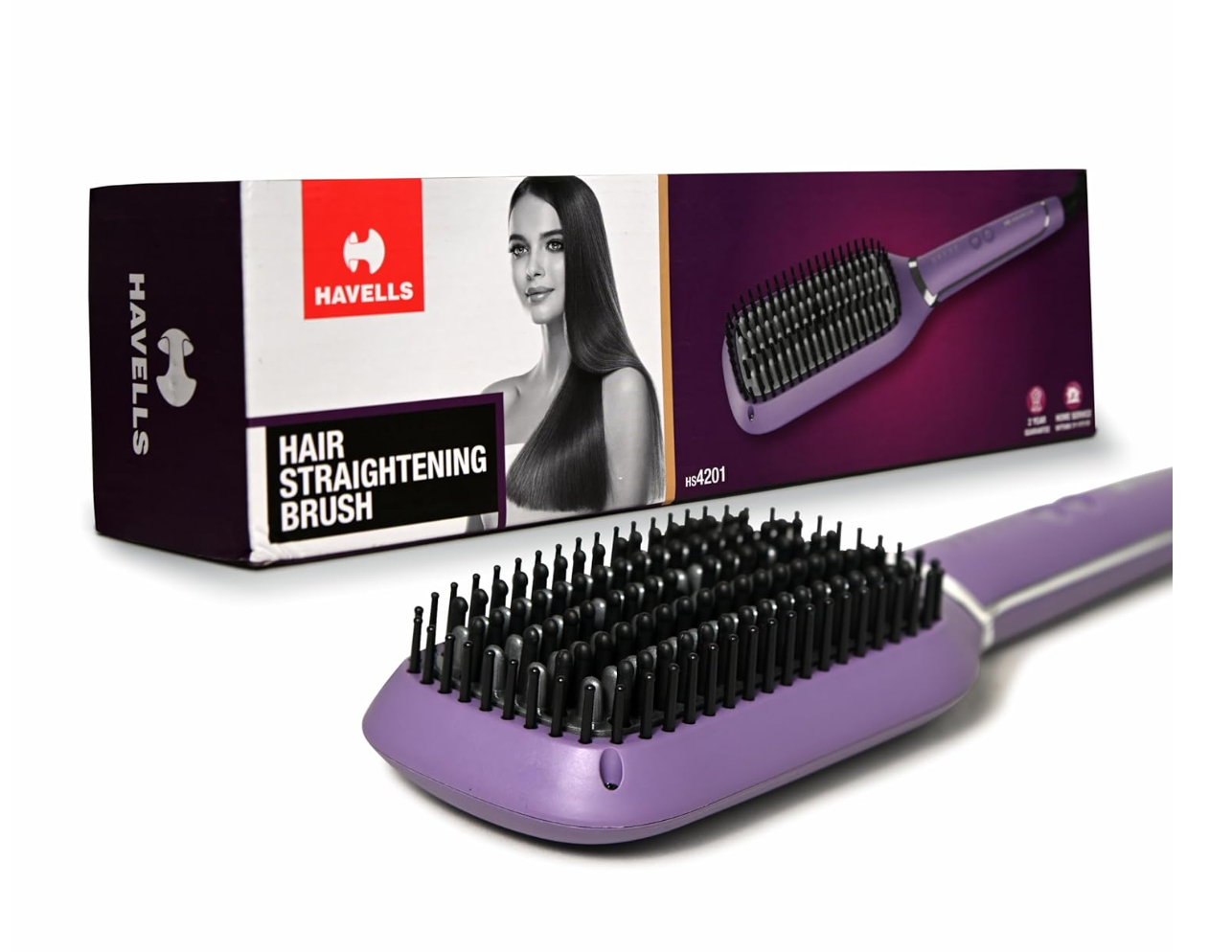 Havells Keratin Infused Hair Straightener Brush with Temperature Control for all hair types | 50W | 2 Years Guarantee | Stunning Purple | HS4201