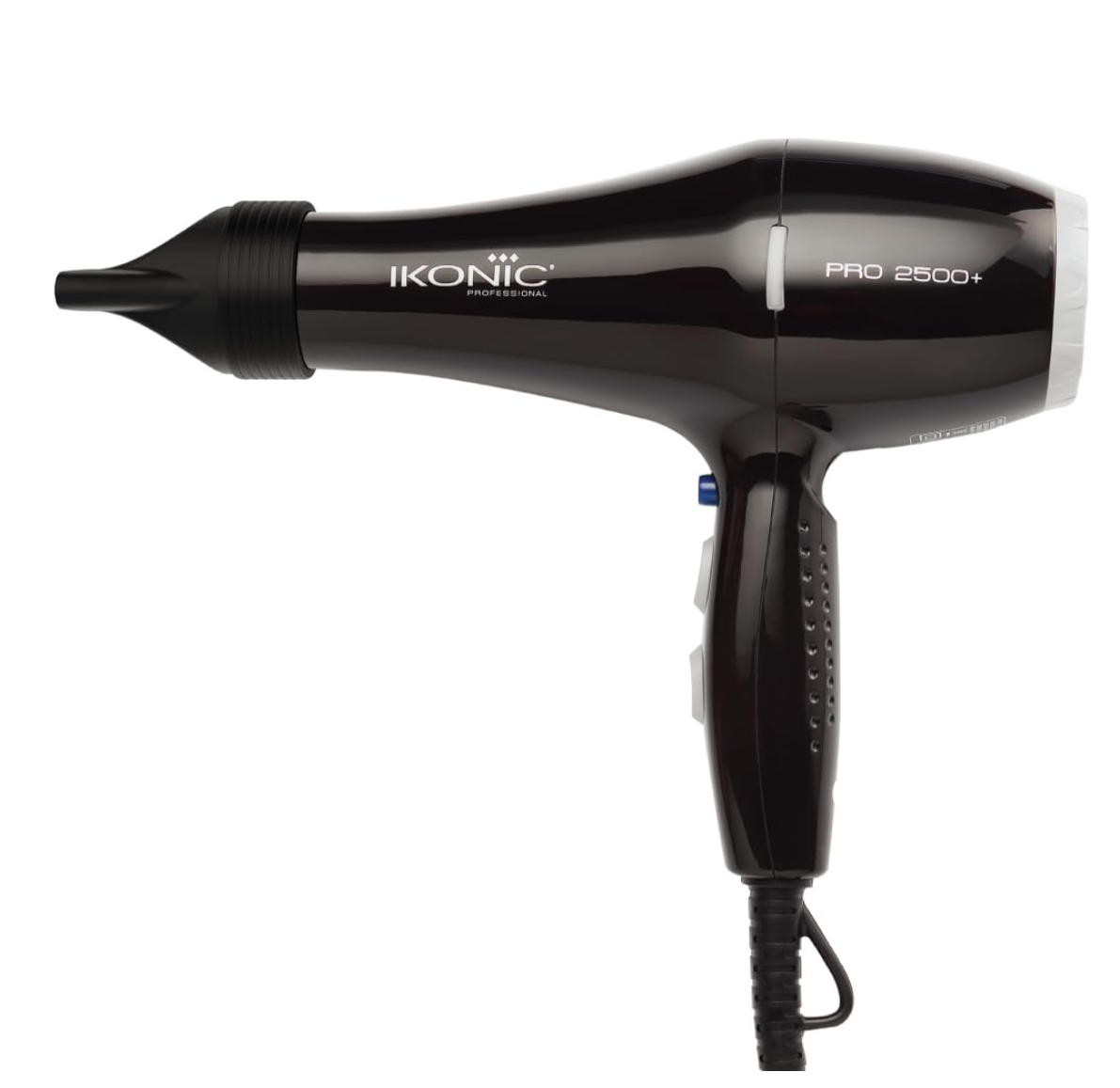 Ikonic 2500+ Professional Hair Dryer, Black, 2500W with Powerful AC motor, 2 speed and 3 heat settings with Cool shot, 2 Interchangeable Nozzles, Hang up loop, Control Frizz, All Hair Type