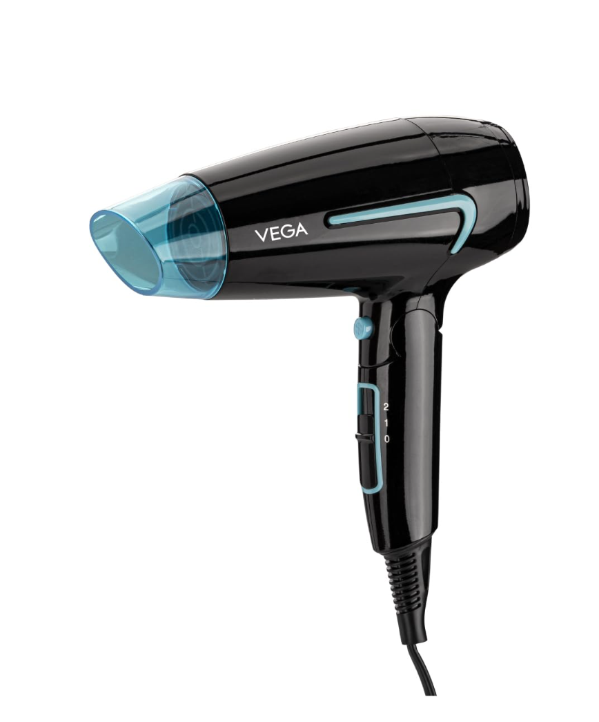 Vega U Style Foldable Hair Dryer for Women & Men with 1600 Watts, Cool Shot Button, 2 Speed/3 Heat Settings, Detachable Nozzle, Travel Friendly, Fast Hair Drying, (VHDH-24), Black