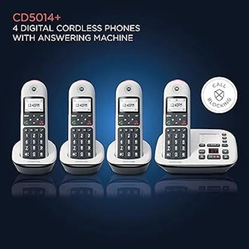 MOTOROLA CD5014 Cordless Phone with Answering Machine Call Block and Volume 4 Handsets Cordless Landline Phone with Answering Machine (White, Black)