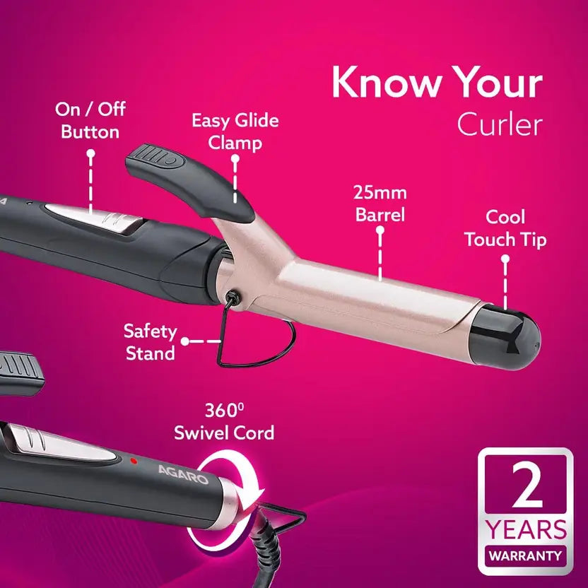 AGARO HC7001 Hair Curler with 19MM Barrel, Rod, Tong, Tourmaline Infused Ceramic Coated Plates, Cool Touch Tip, Fast Heating, for Women, Long and Short Hair Curling, Styling, Black & Rose Gold