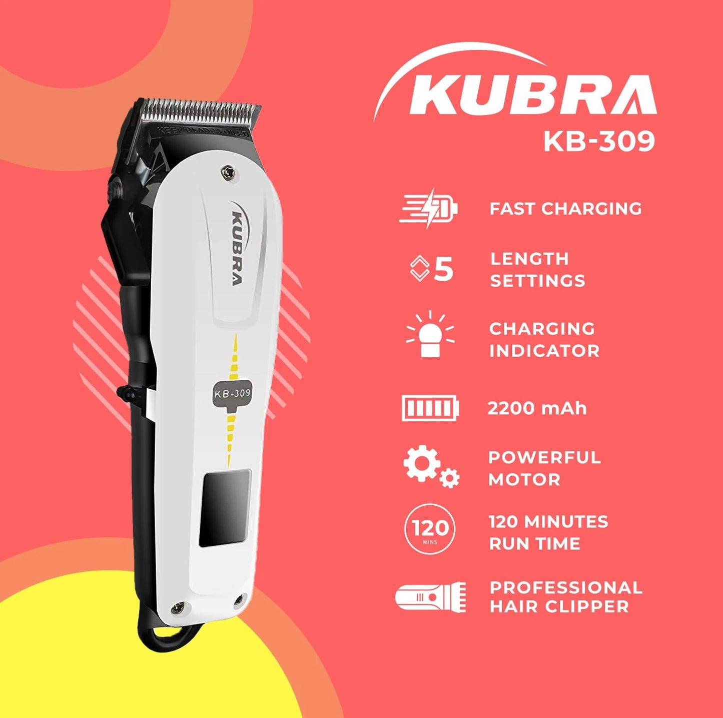 KUBRA KB-309 Professional Hair Clipper Trimmer 150 min Runtime 4 Length Settings