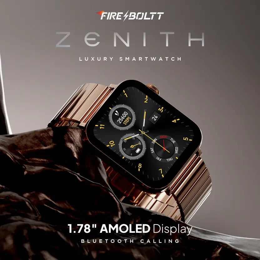 Fire-Boltt Zenith 45.2mm (1.78) AMOLED,Luxury Smart Watch, Bluetooth Calling Rotating Crown Smartwatch (Gold SS Strap, Free Size)