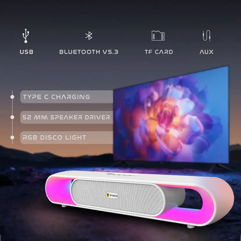 SnapUp Boom X Pro Upto 8 HR Music TYPE C BOOM Sound Multi-Compatibility RGB TWS Feature 16 W Bluetooth Party Speaker (White, Stereo Channel)