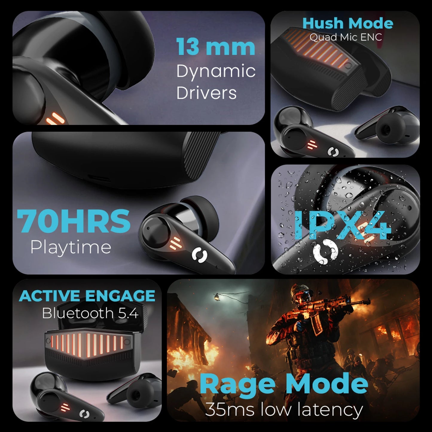 HOPPUP Predator Xo7 Gaming Earbuds with 35MS Low Latency, 13MM Drivers & Quad Mic ENC Bluetooth Headset (Blue, Gold, True Wireless)