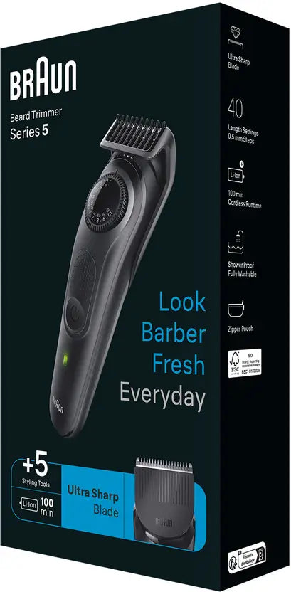 Braun Beard Trimmer 5, BT5420, Beard Trimmer for Men, 39 Length Settings, Lifetime Sharp Blades, Waterproof with 100-Min Runtime, All-in-One Trimmer, Advanced German Engineering, Space Grey