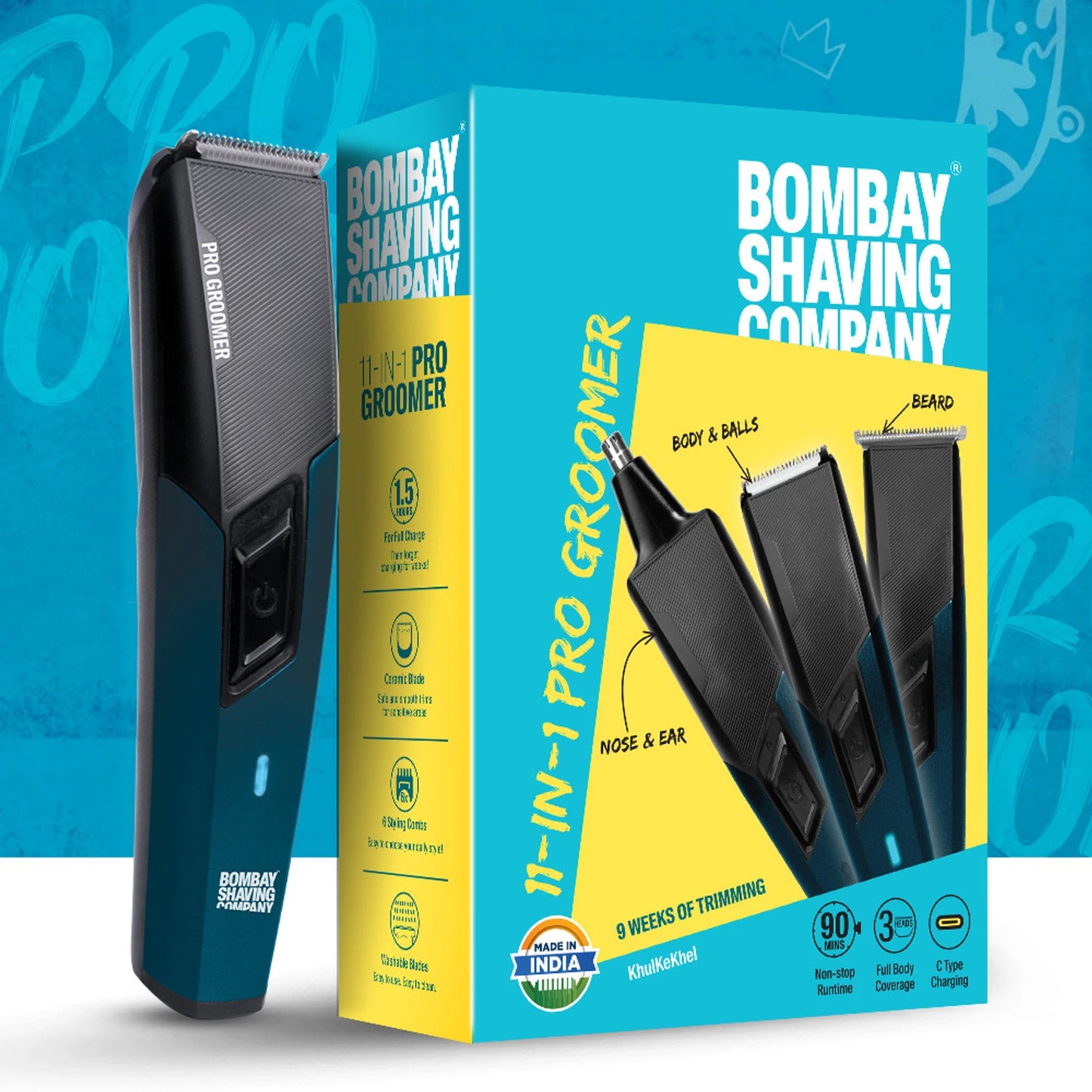 BOMBAY SHAVING COMPANY 11-in-1 Pro Groomer 90-Minute Runtime Full Body Coverage 6 Styling Combs Trimmer 90 min  Runtime 6 Length Settings (Black, Blue)