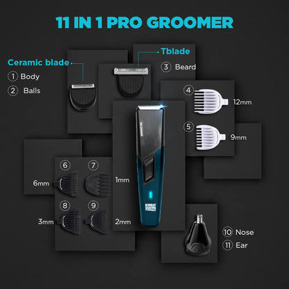 BOMBAY SHAVING COMPANY 11-in-1 Pro Groomer 90-Minute Runtime Full Body Coverage 6 Styling Combs Trimmer 90 min  Runtime 6 Length Settings (Black, Blue)