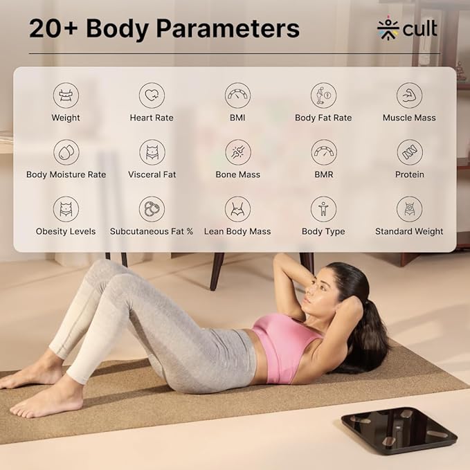 Cult Smart Body Fat Scale, US FDA Approved, 20+ Parameters, BMI, 10 members, Bluetooth Weight Machine, Body Fat Analyzer, LED Display.
