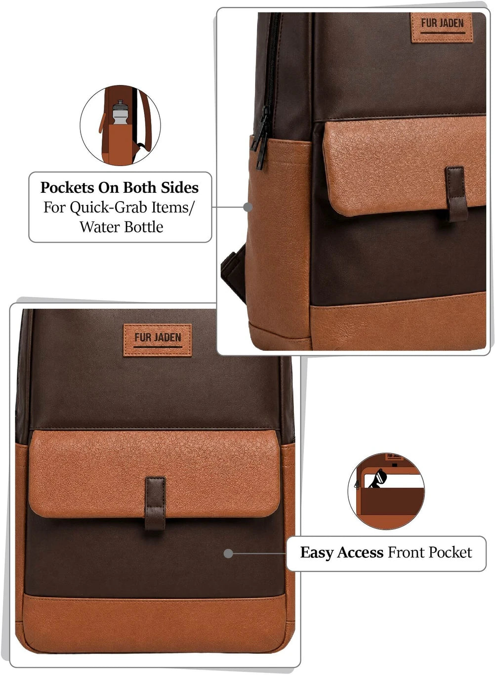 FUR JADEN Medium 25 L Laptop Backpack 15.6 Inch Faux Leather with multiple pocket (Brown)